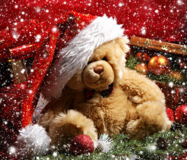 обоя teddy, bear, праздничные, мягкие, игрушки, новый, год, рождество, подарок, украшения, шары, снег, медвежонок