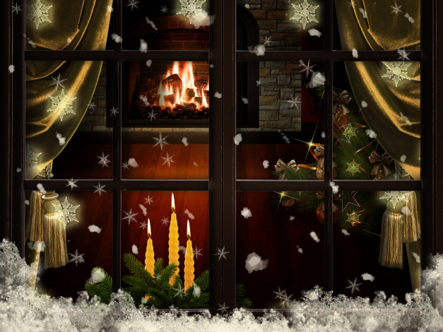 Обои картинки фото праздничные, 3д, графика, новый, год, окно, снег, снежинки, елка, свечи