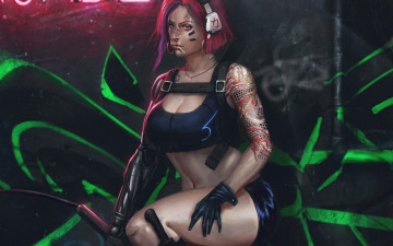 Картинка фэнтези девушки киборг девушка art cyberpunk нож стена