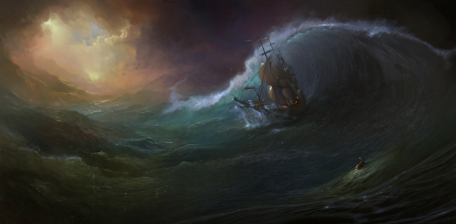 Обои картинки фото корабли, рисованные, человек, море, корабль, волны, шторм
