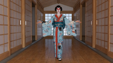 Картинка 3д+графика люди+ people фон девушка взгляд интерьер кимоно