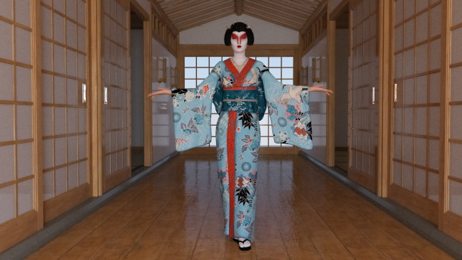 Обои картинки фото 3д графика, люди , people, фон, девушка, взгляд, интерьер, кимоно