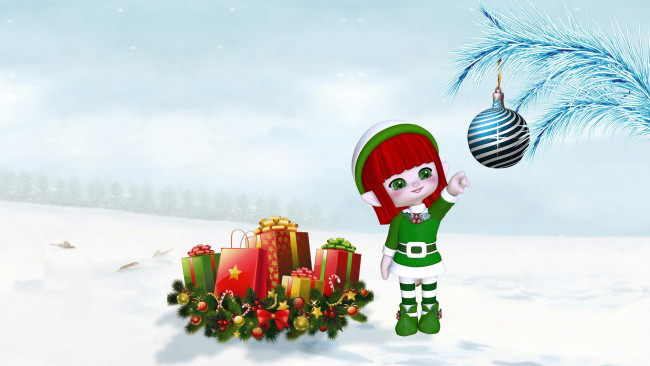 Обои картинки фото праздничные, векторная графика , новый год, рождество, шарик, подарок, новый, год, эльф, зима, ёлка, снег