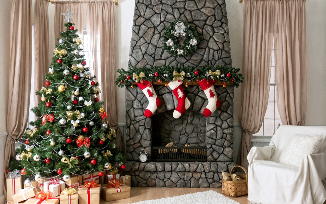 Обои картинки фото праздничные, Ёлки, decoration, камин, игрушки, home, gifts, holiday, celebration, украшения, christmas, елка, рождество, tree, новый, год, подарки, design, merry, interior