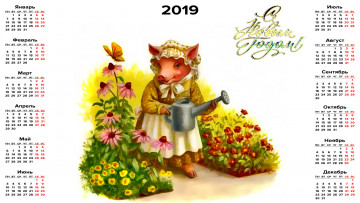 Картинка календари праздники +салюты лейка бабочка свинья цветы