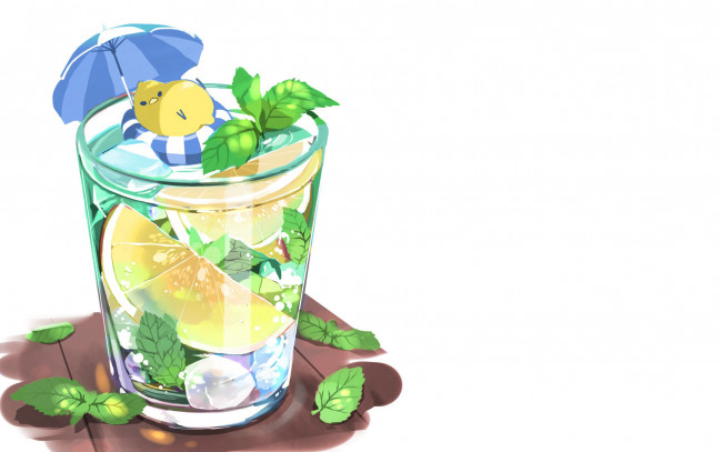Обои картинки фото рисованное, еда, стакан, лимоны, зонтик, цыпленок