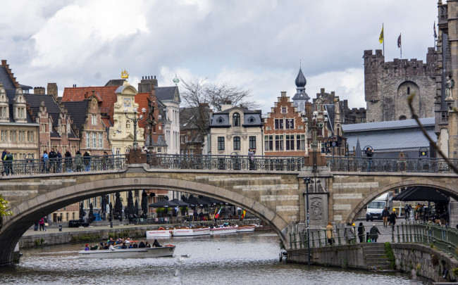 Обои картинки фото города, гент , бельгия, канал, лодки, мост