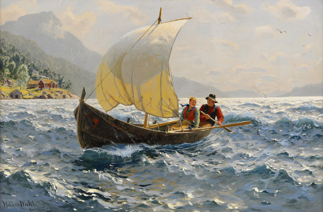 Обои картинки фото рисованные, hans, dahl, парус, лодка