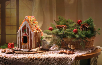 Картинка праздничные угощения пряничный домик птички шишки ель цукаты