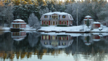 Картинка природа пейзажи снег дома озеро