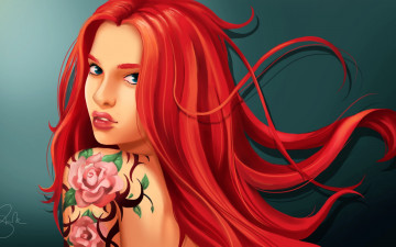 Картинка рисованное люди красные волосы девушка тату арт взгляд