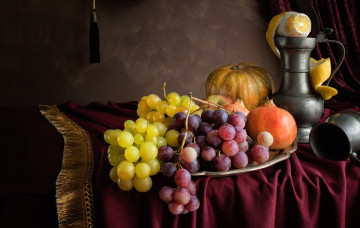 Картинка еда натюрморт тыква фрукты кувшин виноград гранат лимон