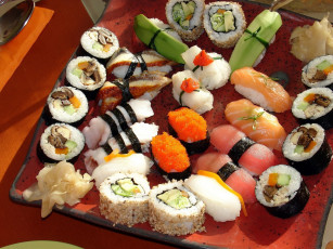 Картинка еда рыба морепродукты суши роллы поднос