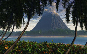 Картинка 3д графика nature landscape природа вулкан пальмы