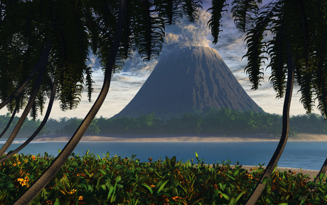 Обои картинки фото 3д, графика, nature, landscape, природа, вулкан, пальмы
