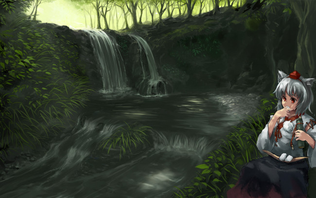 Обои картинки фото аниме, touhou, девушка, вода, деревья, водопад