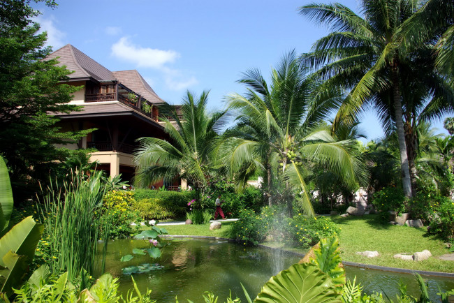 Обои картинки фото природа, тропики, водоем, фонтан, домик, пальмы