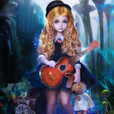 Картинка фэнтези девушки игрушка кролик укулеле девочка