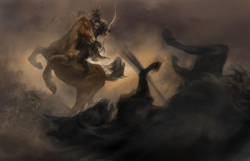 Картинка фэнтези люди воин лучник лошади всадник схватка