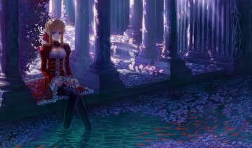 Картинка by+kirigo аниме fate stay+night лепестки колонны saber свет рыбки тень пруд вода сад девушка