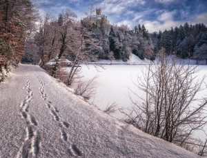 Картинка природа зима снег водоём croatia castle trakoscan