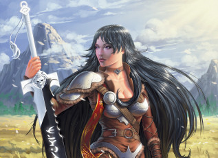 Картинка фэнтези девушки девушка поле меч брюнетка akella misanthropy ветер воин воительница горы