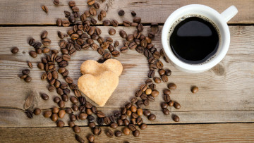 Картинка еда кофе +кофейные+зёрна сердечки печенье зерна чашка