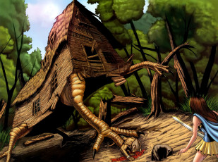 Картинка фэнтези существа лес нападение ноги сказка дом курьи избушка