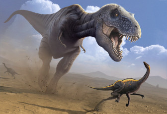 обоя tirannozavr, рисованное, животные,  доисторические, динозавр, охота, рептилия, нападение
