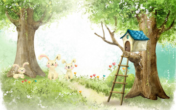 Картинка рисованное животные домик деревья зайцы лестница