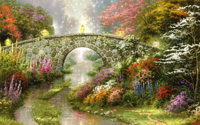 Обои картинки фото рисованное, thomas kinkade, цветы, ручей, деревья, мост, природа, фонари