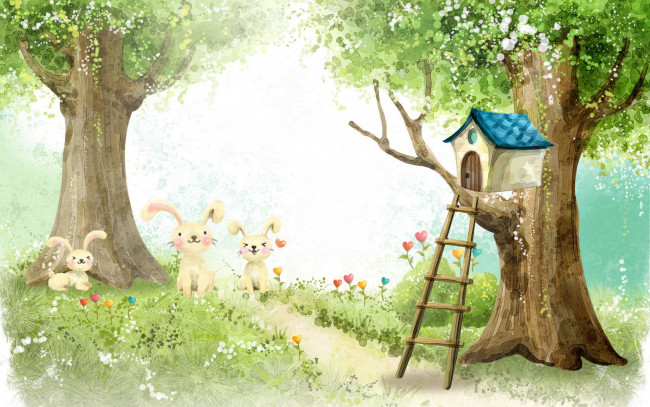 Обои картинки фото рисованное, животные, домик, деревья, зайцы, лестница
