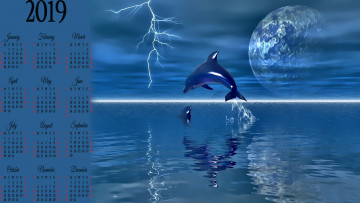 обоя календари, 3д-графика, водоем, планета, молния, дельфин