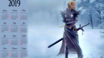 Картинка календари фэнтези зима снег девушка оружие