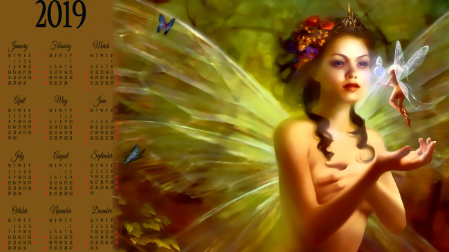 Обои картинки фото календари, фэнтези, венок, цветы, крылья, фея, бабочка, девушка
