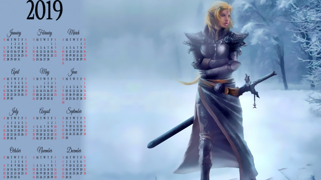 Обои картинки фото календари, фэнтези, зима, снег, девушка, оружие