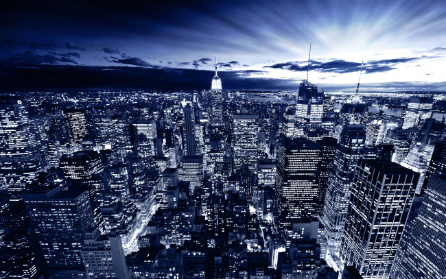 Обои картинки фото города, нью-йорк , сша, вечер, облака, огни, панорама, дома, здания