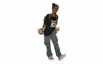Картинка рисованное люди девушка футболка джинсы дыра скейт