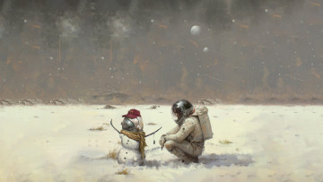 обоя фэнтези, другое, снеговик, космонавт, снег