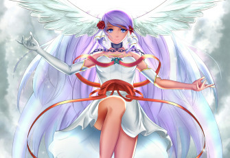 Картинка аниме -angels+&+demons девушка ангел крылья цепь ленточки белый фон розы