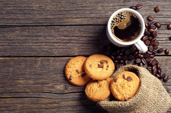 Картинка еда кофе +кофейные+зёрна зерна чашка печенье шоколад мешочек