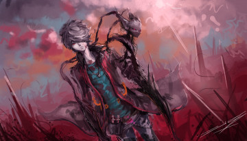 Картинка аниме -angels+&+demons парень кровь демон небо закат существо плащ облака меч кулон