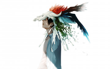 Картинка аниме *unknown+ другое ветки листья рубашка череп белый парень перья