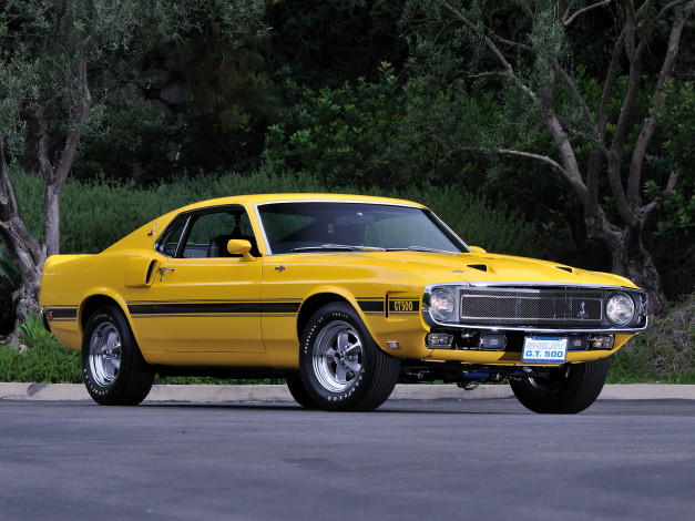 Обои картинки фото автомобили, mustang, желтый, 1969, gt500, shelby