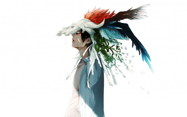 Обои картинки фото аниме, *unknown , другое, ветки, листья, рубашка, череп, белый, парень, перья