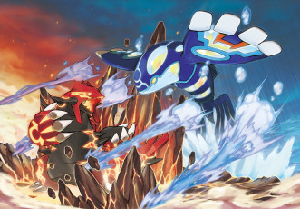 Картинка аниме pokemon groudon kyogre мостры сражение вода лава огонь