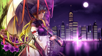 Картинка аниме touhou yakumo yukari арт ленты девушка город луна ночь зонт uu-uu-zan