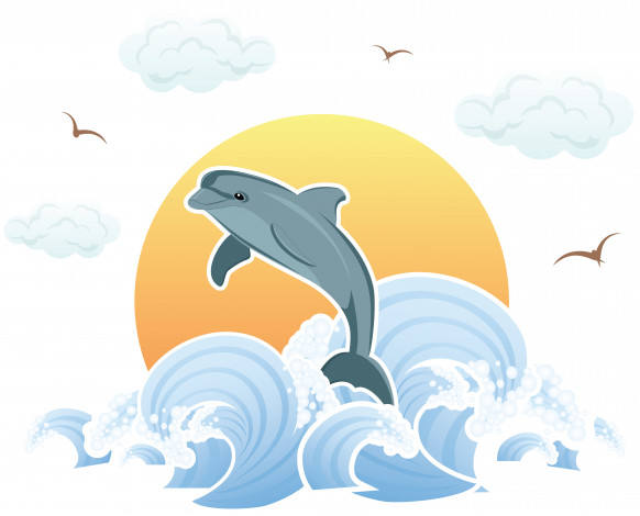 Обои картинки фото векторная графика, животные, фон, чайки, дельфин, волны