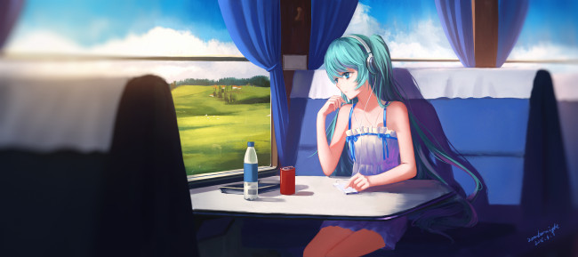 Обои картинки фото аниме, vocaloid, hatsune, miku, панорама, окно, поезд, девушка, арт, sombernight