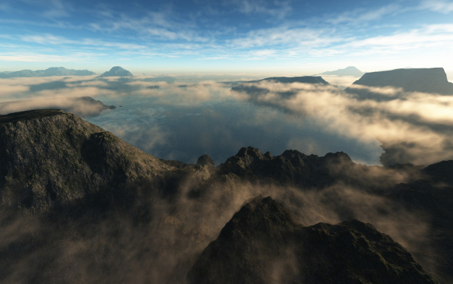 Обои картинки фото 3д графика, природа , nature, небо, туман, горы